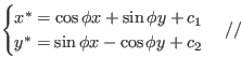 \begin{gather*}\begin{cases}x^* = \cos{\phi}x - \sin{\phi}y + c_1\\ y^* = \sin{\...
...phi}y + c_1\\ y^* = \sin{\phi}x - \cos{\phi}y + c_2\\ \end{cases}//\end{gather*}