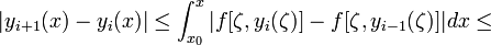 |y_{i+1}(x)-y_{i}(x)|\leq\int_{x_0}^{x}|f[\zeta,y_{i}(\zeta)]-f[\zeta,y_{i-1}(\zeta)]|dx\leq