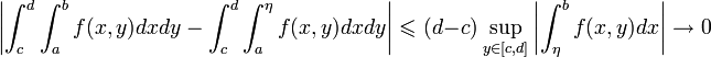 \left|\int_{c}^{d}\int_{a}^{b}f(x,y)dxdy-\int_{c}^{d}\int_{a}^{\eta}f(x,y)dxdy\right|\leqslant(d - c)\sup_{y\in[c,d]}\left|\int_{\eta}^{b}f(x,y)dx\right|\to 0