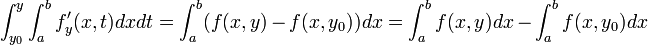 \int_{y_0}^{y}\int_{a}^{b}f'_y(x,t)dxdt=\int_{a}^{b}(f(x,y)-f(x,y_0))dx=\int_{a}^{b}f(x,y)dx-\int_{a}^{b}f(x,y_0)dx