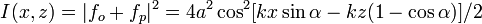 I(x,z)=|f_o+f_p|^2=4a^2\cos^2[kx\sin\alpha-kz(1-\cos\alpha)]/2