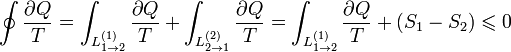 \oint \frac{\partial Q}{T}=\int_{L_{1\to 2}^{(1)}} \frac{\partial Q}{T}+\int_{L_{2\to 1}^{(2)}} \frac{\partial Q}{T}=\int_{L_{1\to 2}^{(1)}} \frac{\partial Q}{T}+(S_1-S_2)\leqslant 0