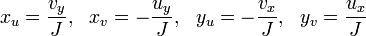 x_u=\frac{v_y}{J},~~x_v=-\frac{u_y}{J},~~y_{u}=-\frac{v_x}{J},~~y_v=\frac{u_x}{J}