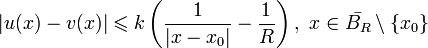 |u(x)-v(x)|\leqslant k\left(\frac{1}{|x-x_0|}-\frac{1}{R}\right),~x\in \bar{B_R}\setminus \{x_0\}