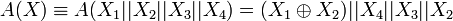 A(X)\equiv A(X_1||X_2||X_3||X_4)=(X_1\oplus X_2)||X_4||X_3||X_2