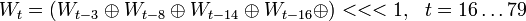W_t=(W_{t-3}\oplus W_{t-8}\oplus W_{t-14}\oplus W_{t-16}\oplus) <<< 1,~~t=16\ldots 79