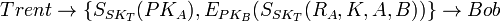 Trent\to\{S_{SK_T}(PK_A),E_{PK_B}(S_{SK_T}(R_A,K,A,B))\}\to Bob