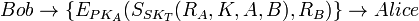 Bob\to\{E_{PK_A}(S_{SK_T}(R_A,K,A,B),R_B)\}\to Alice